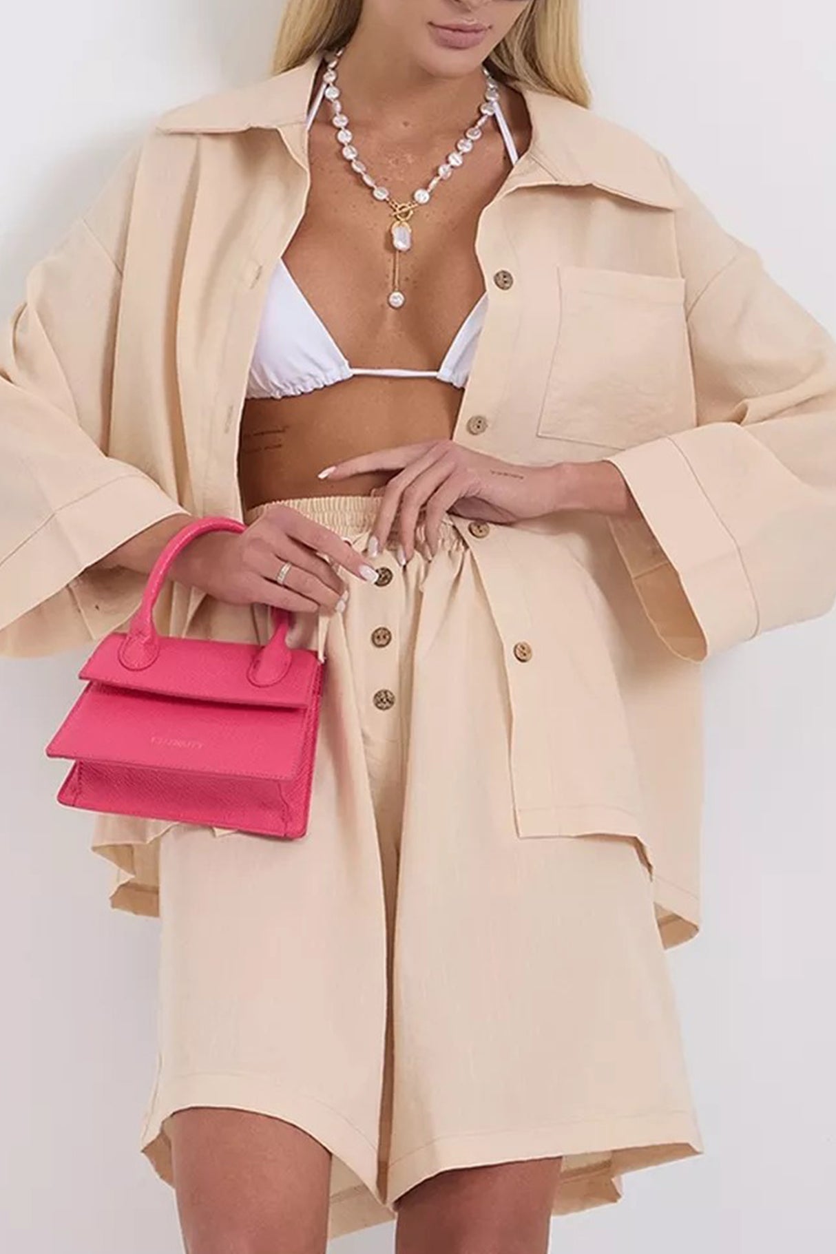 Solid Color Shirt Single-breasted Bermuda Shorts Set