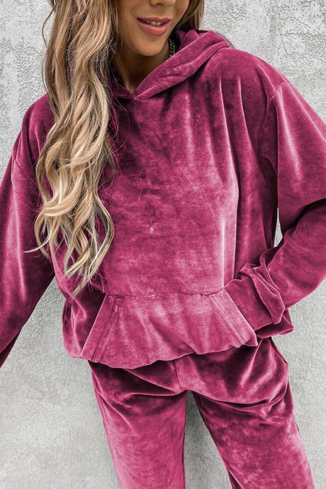 Velour Solid Color Hoodie Long Pants Set