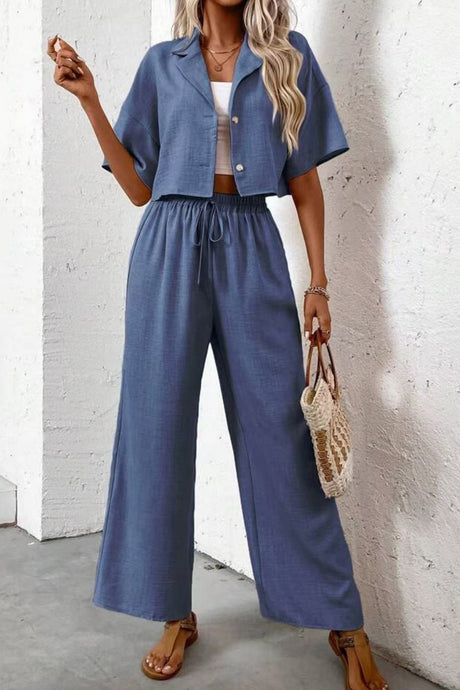 Button-down Crop Shirt Long Pants Set