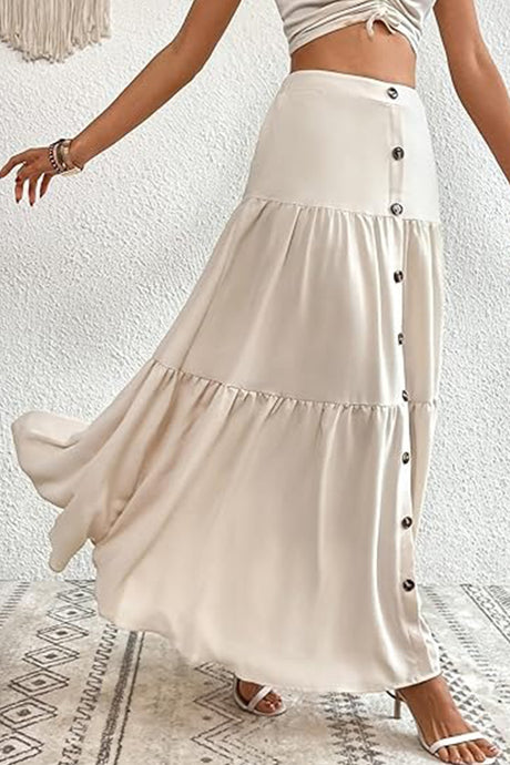 Single-breasted Solid Color Tiered Maxi Skirt