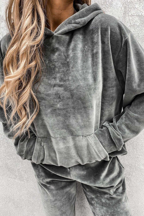 Velour Solid Color Hoodie Long Pants Set