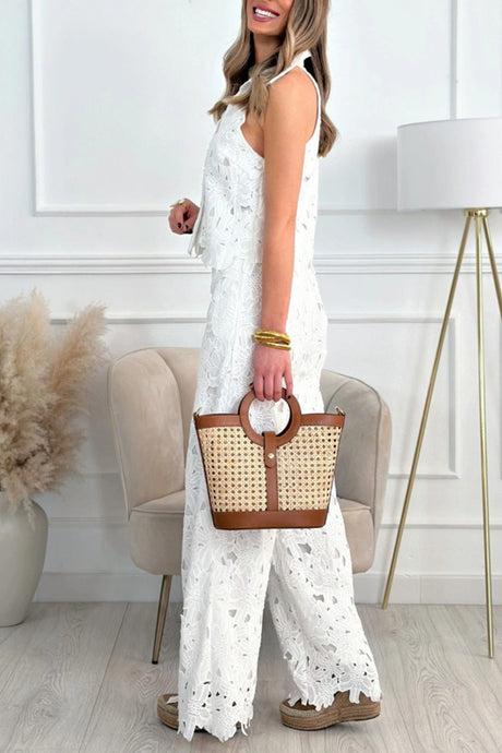 Lapel Hollow Out Lace Vest Pants Set