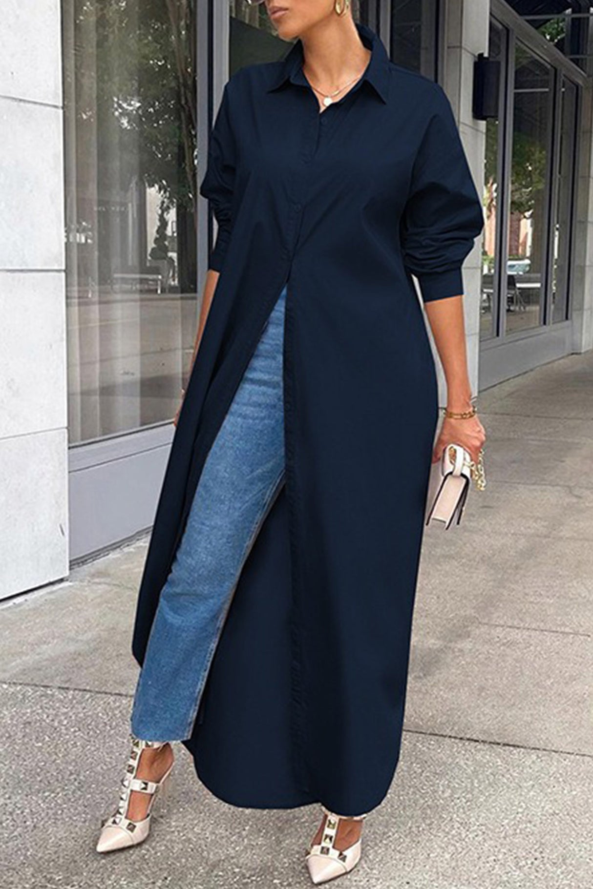 Solid Color Single-breasted Long Blouse