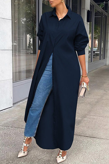 Solid Color Single-breasted Long Blouse