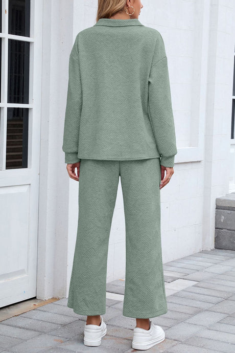 Lapel Long Sleeve Textured Sweashirt Set