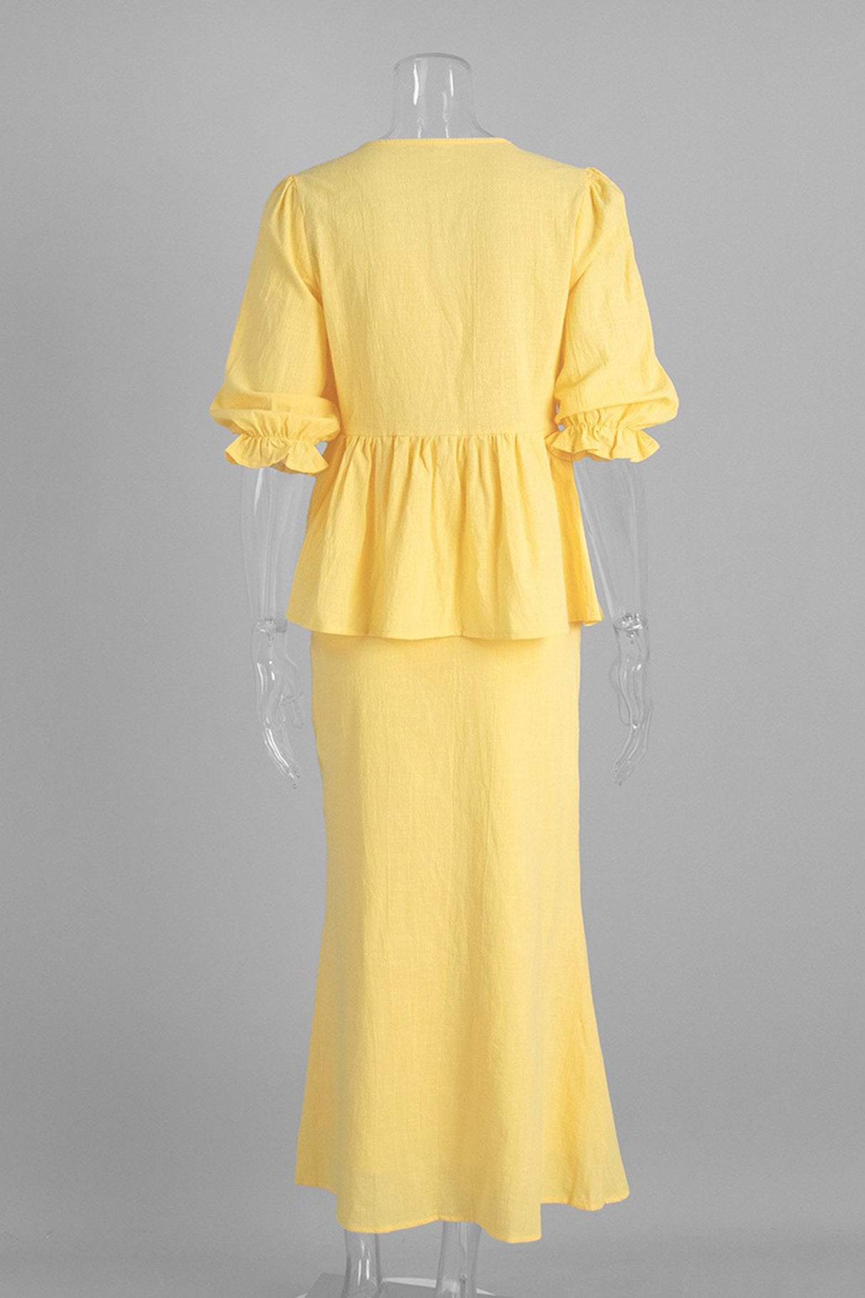 Puff Sleeve Tie-up Ruffle Cotton Shirt Skirt Set