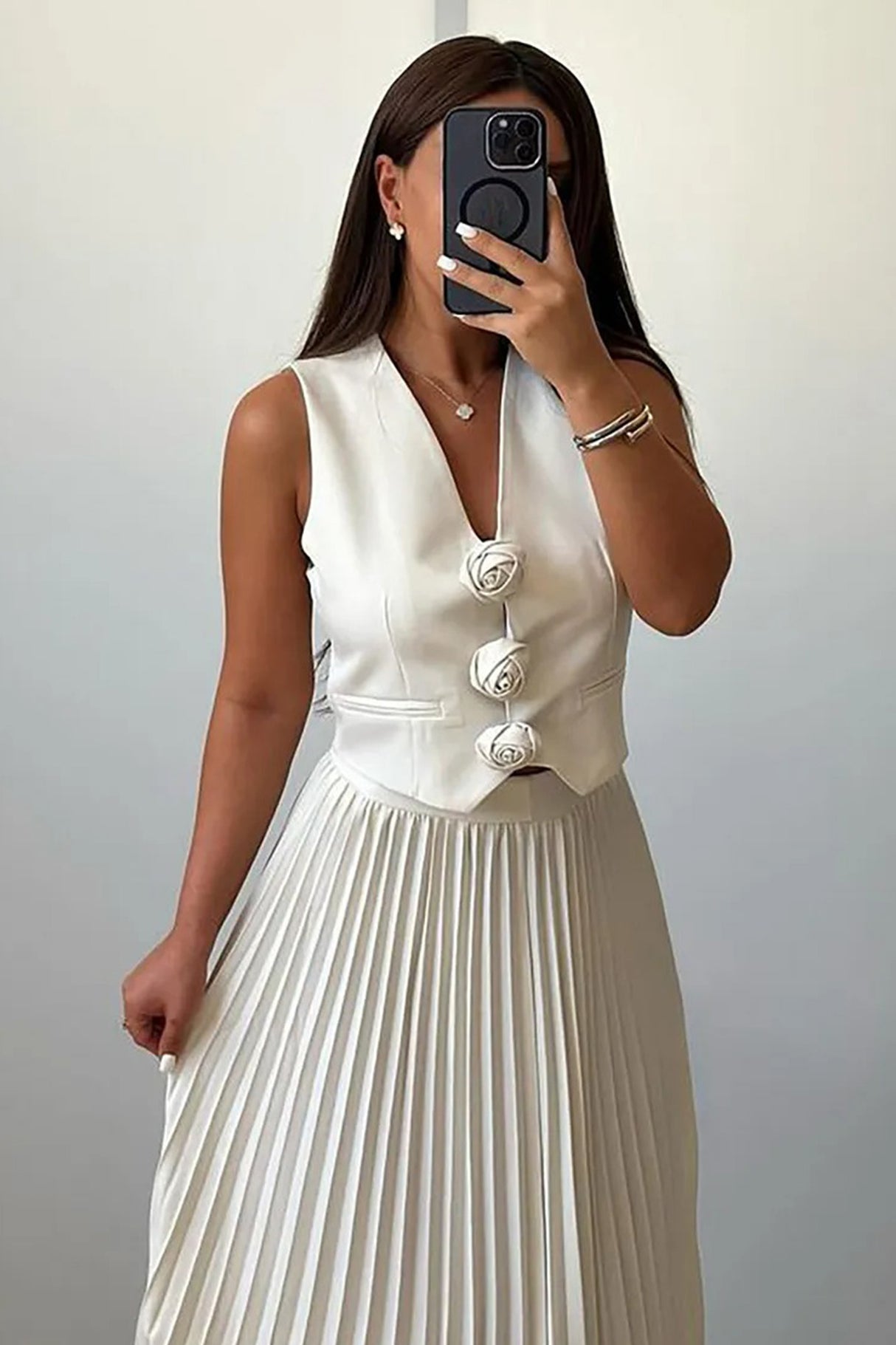 3D Floral Vest Pleated Maxi Skirt Set