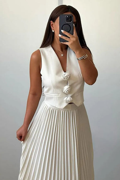 3D Floral Vest Pleated Maxi Skirt Set