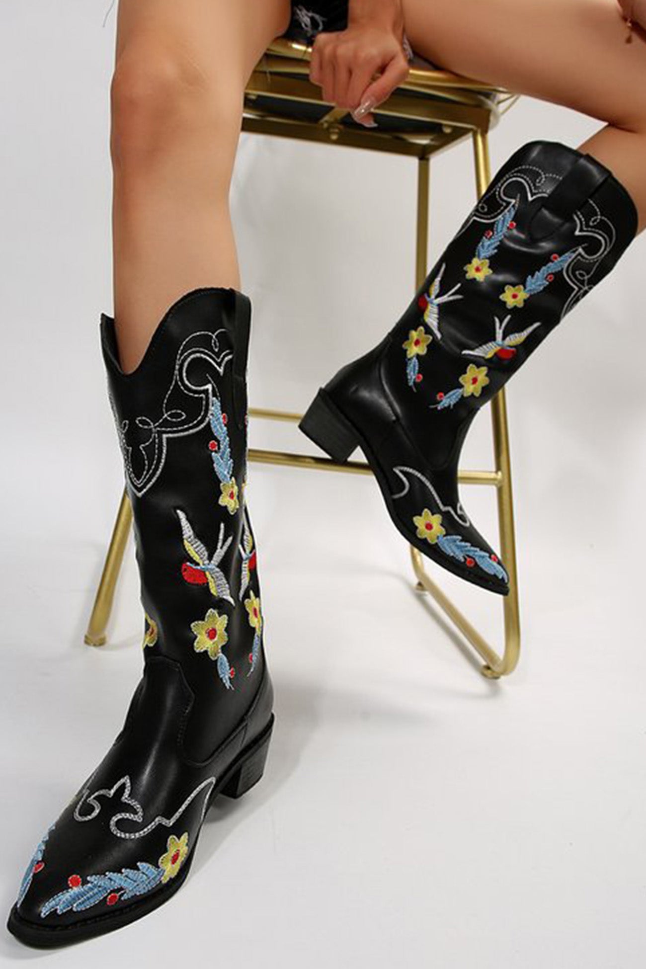 Floral Embroidery Square Toe Knee High Boots