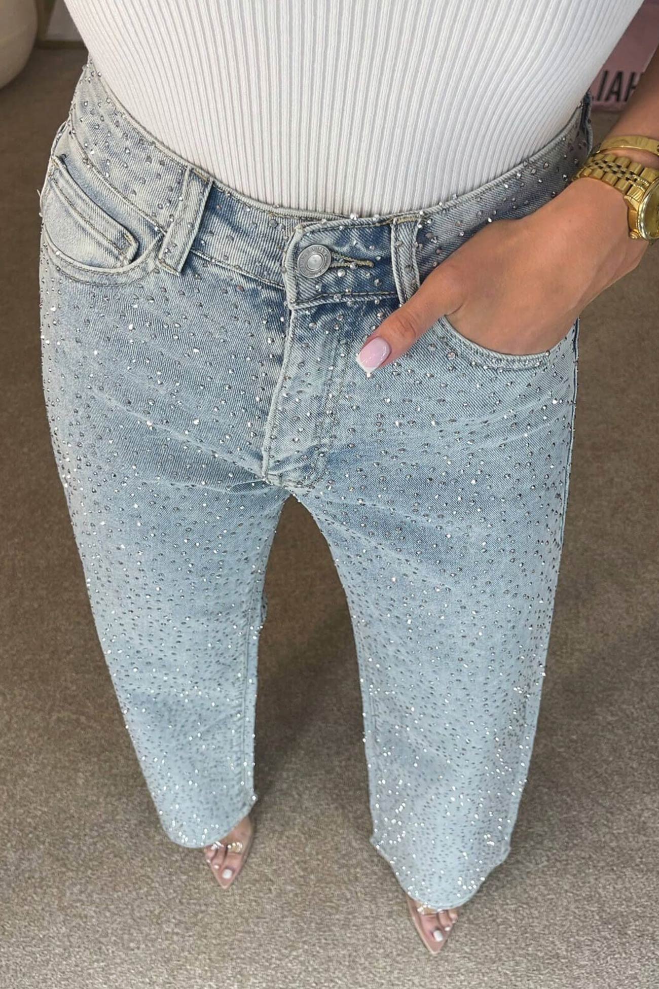 Rhinestone High Rise Straight Jeans