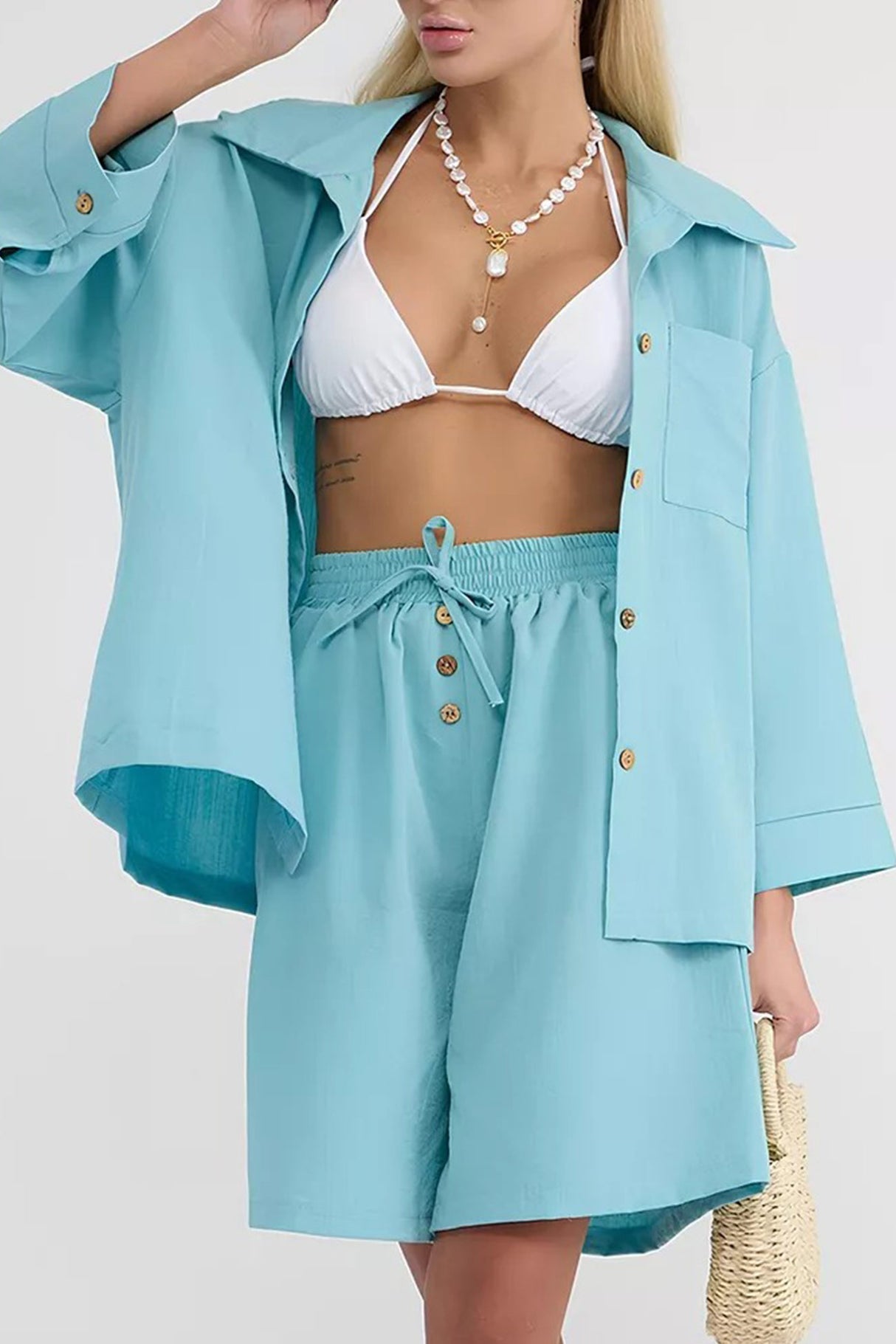 Solid Color Shirt Single-breasted Bermuda Shorts Set