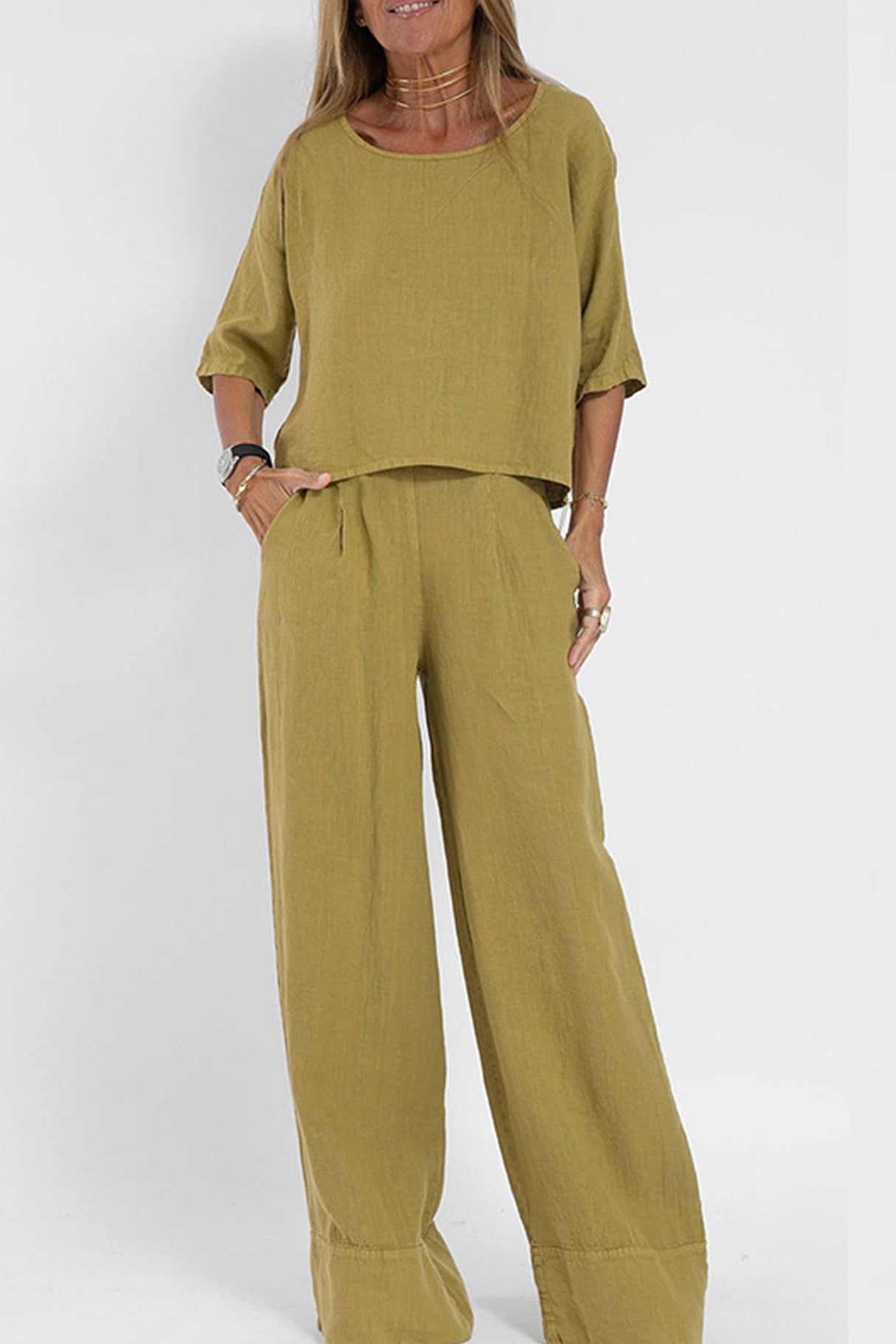 Arolora Solid Color Half Sleeve Cotton Shirt Pants Set