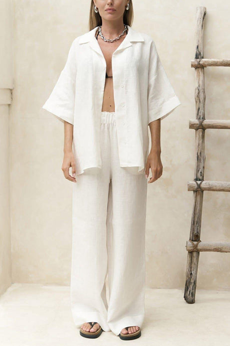 Arolora Solid Color Cotton Half Sleeve Blouse Pants Set