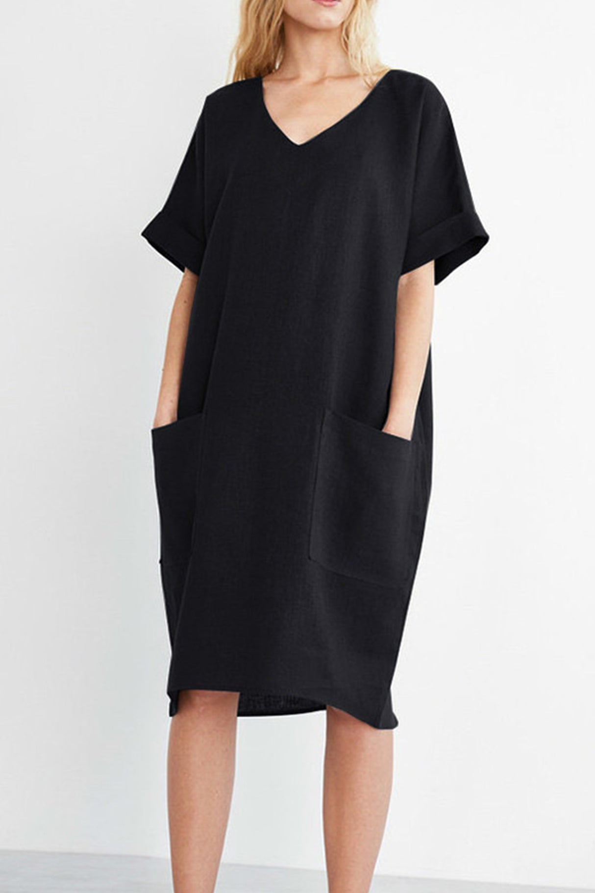 Arolora V-Neck Short Sleeve Pocketed Cotton Dress