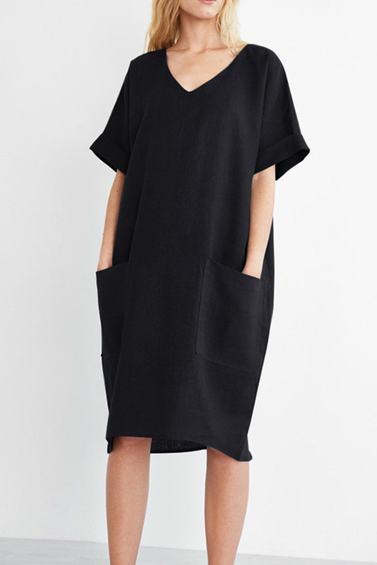 Arolora V-Neck Short Sleeve Pocketed Cotton Dress