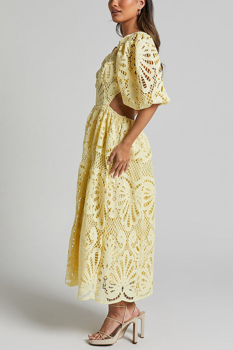 Arolora V-neck Lace Embroidery Hollow Waist Dress