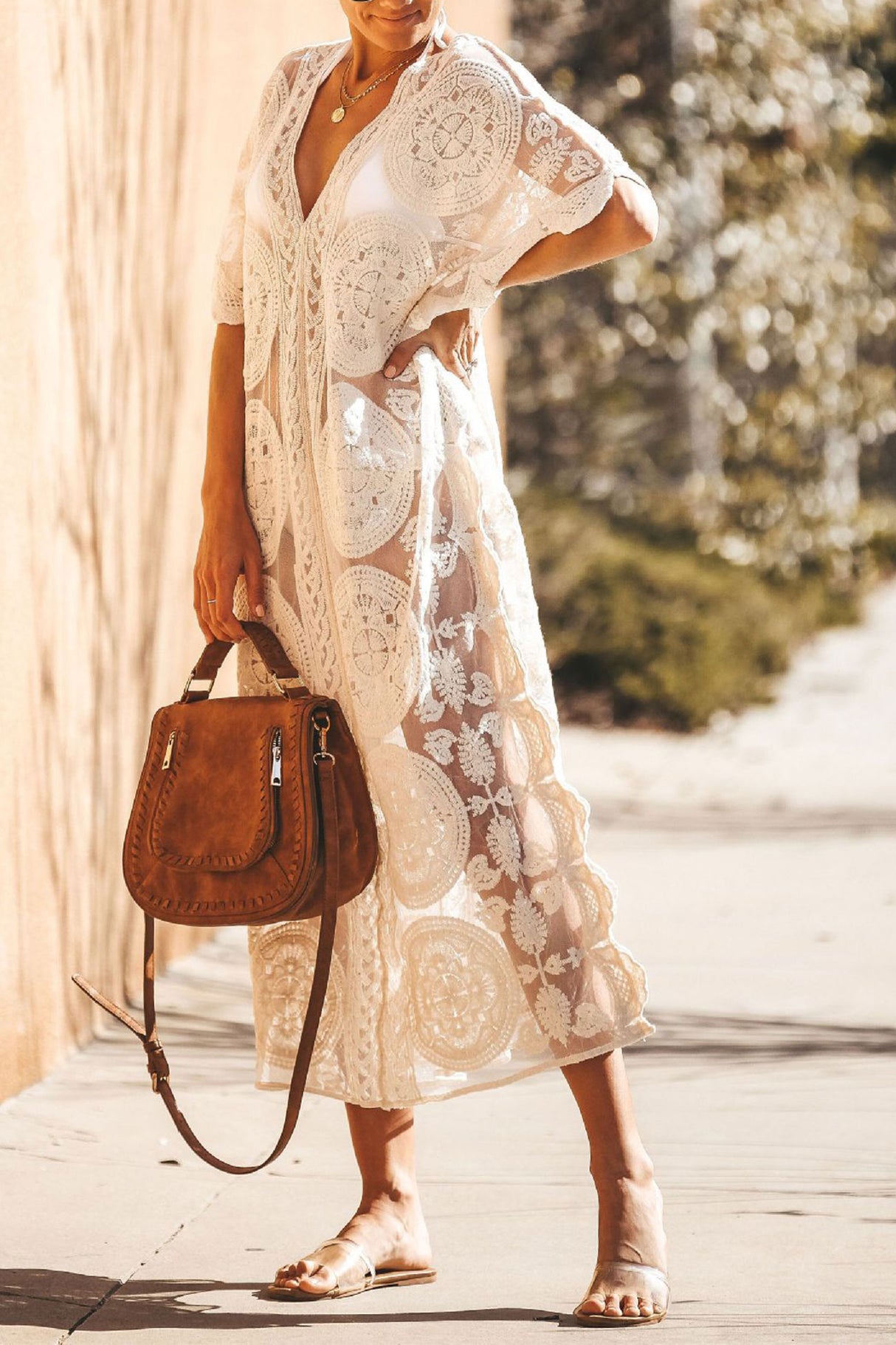 Arolora V-Neck Lace Embroidery Cover-up Dress