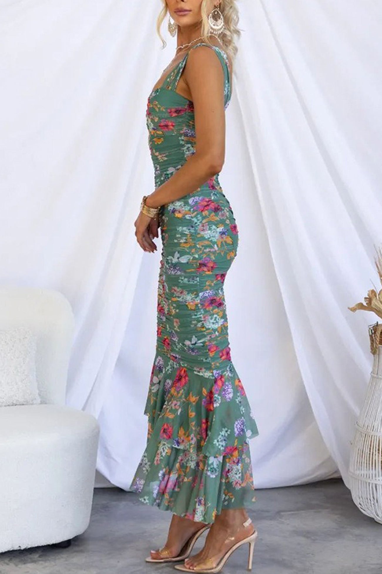 Arolora Floral Print Ruched Fishtail Dress