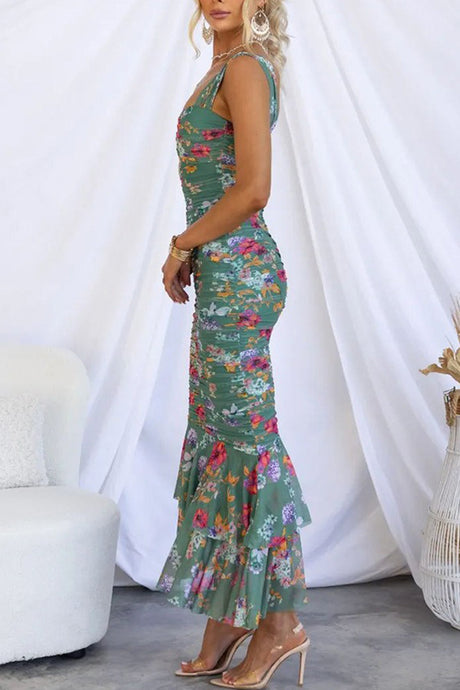 Arolora Floral Print Ruched Fishtail Dress