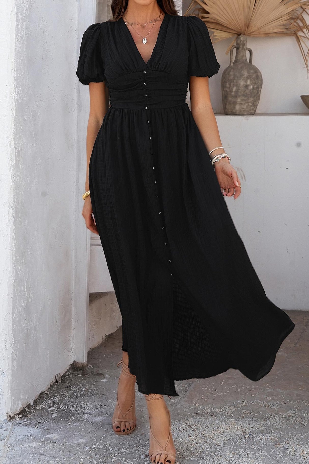 Arolora Puff Sleeve Single Breasted Slit Dress