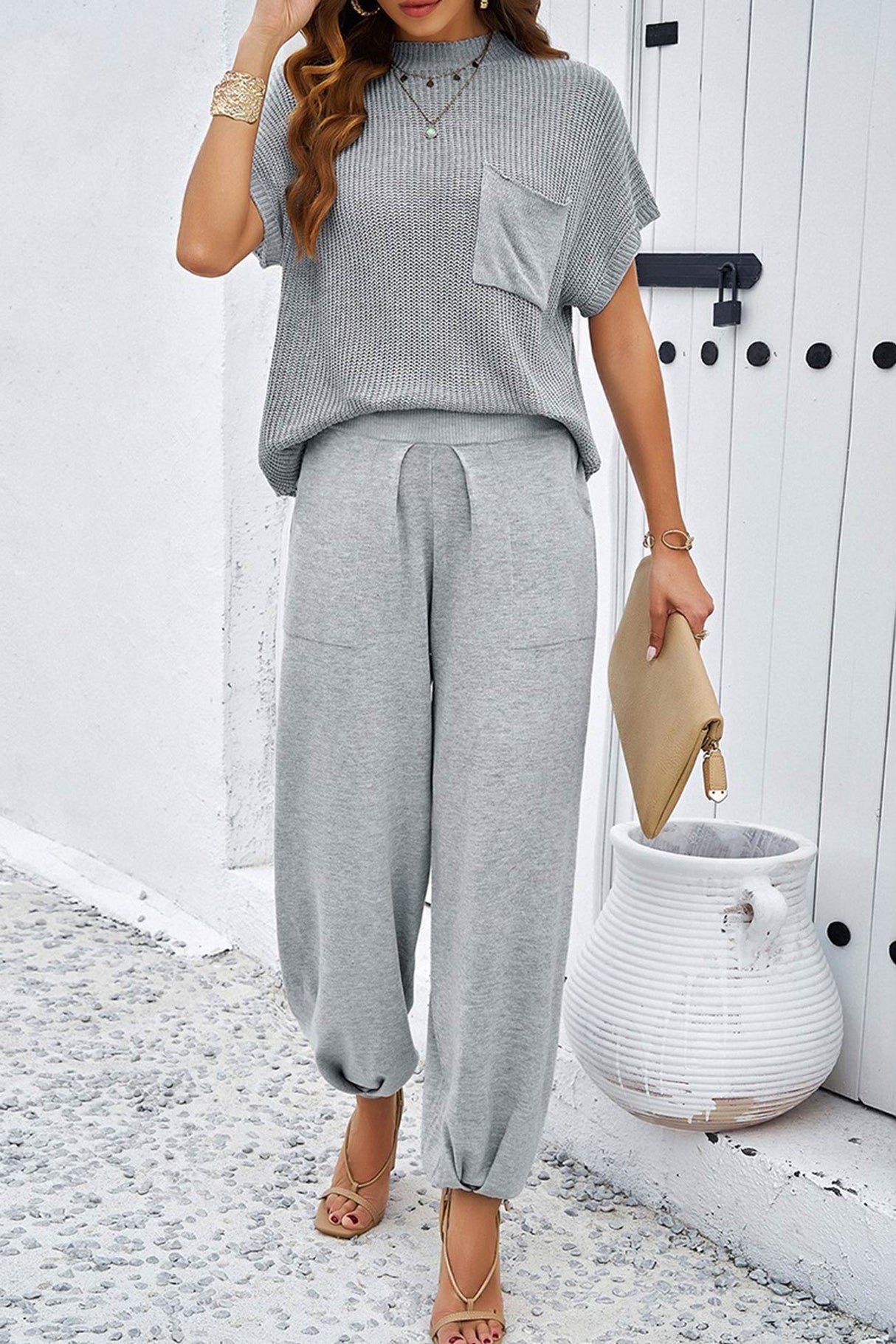 Arolora Bat Sleeve Knit Tops Harem Pants Set