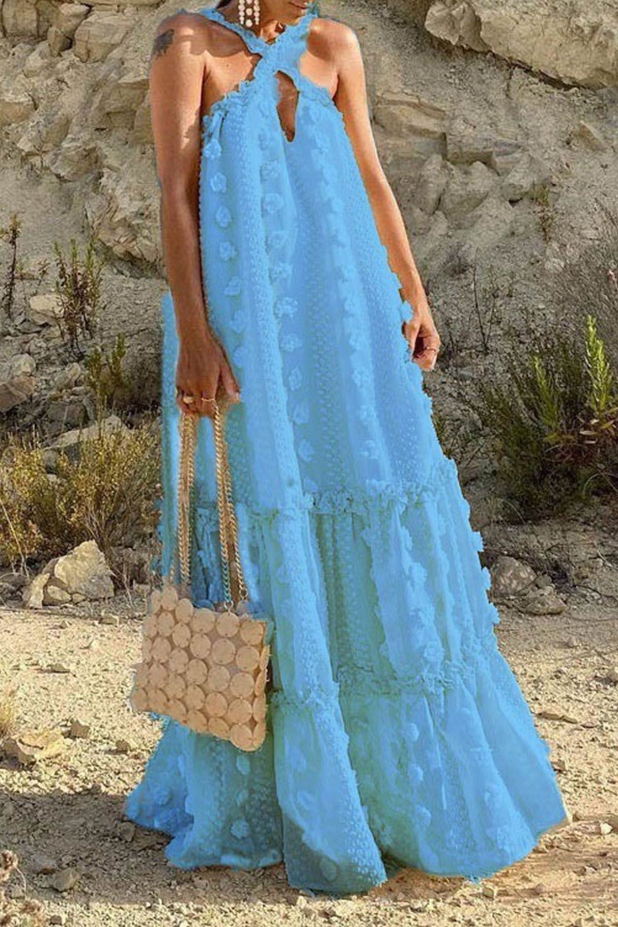 Arolora 3D Floral Criss-cross Halterneck Maxi Dress