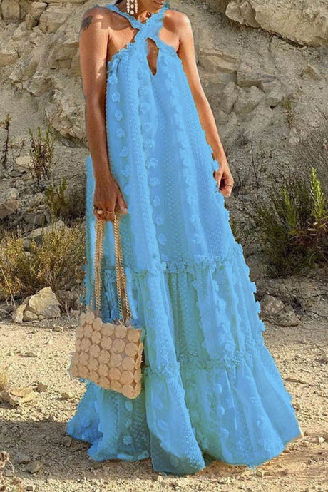 Arolora 3D Floral Criss-cross Halterneck Maxi Dress