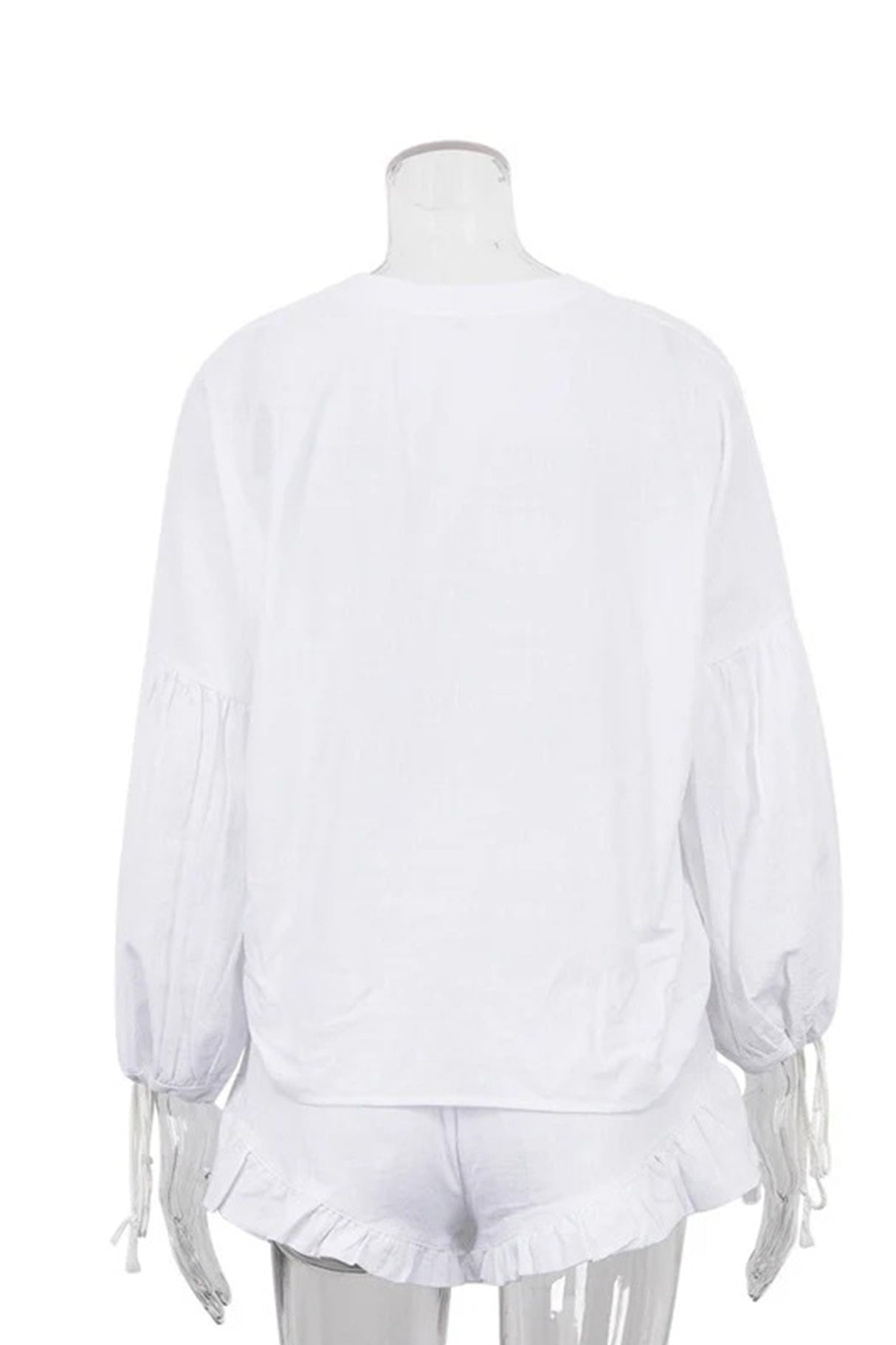 Arolora V-neck Lantern Sleeve Cotton Shirt Set