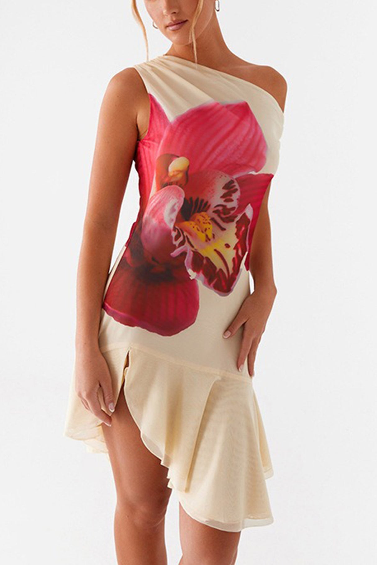 Arolora Floral Slop Shoulder Ruffle Mini Dress