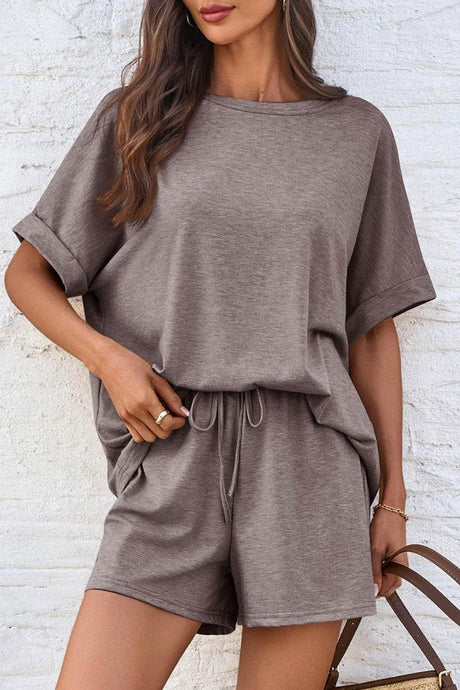 Arolora Solid Color Bat Sleeve T-shirt Shorts Set