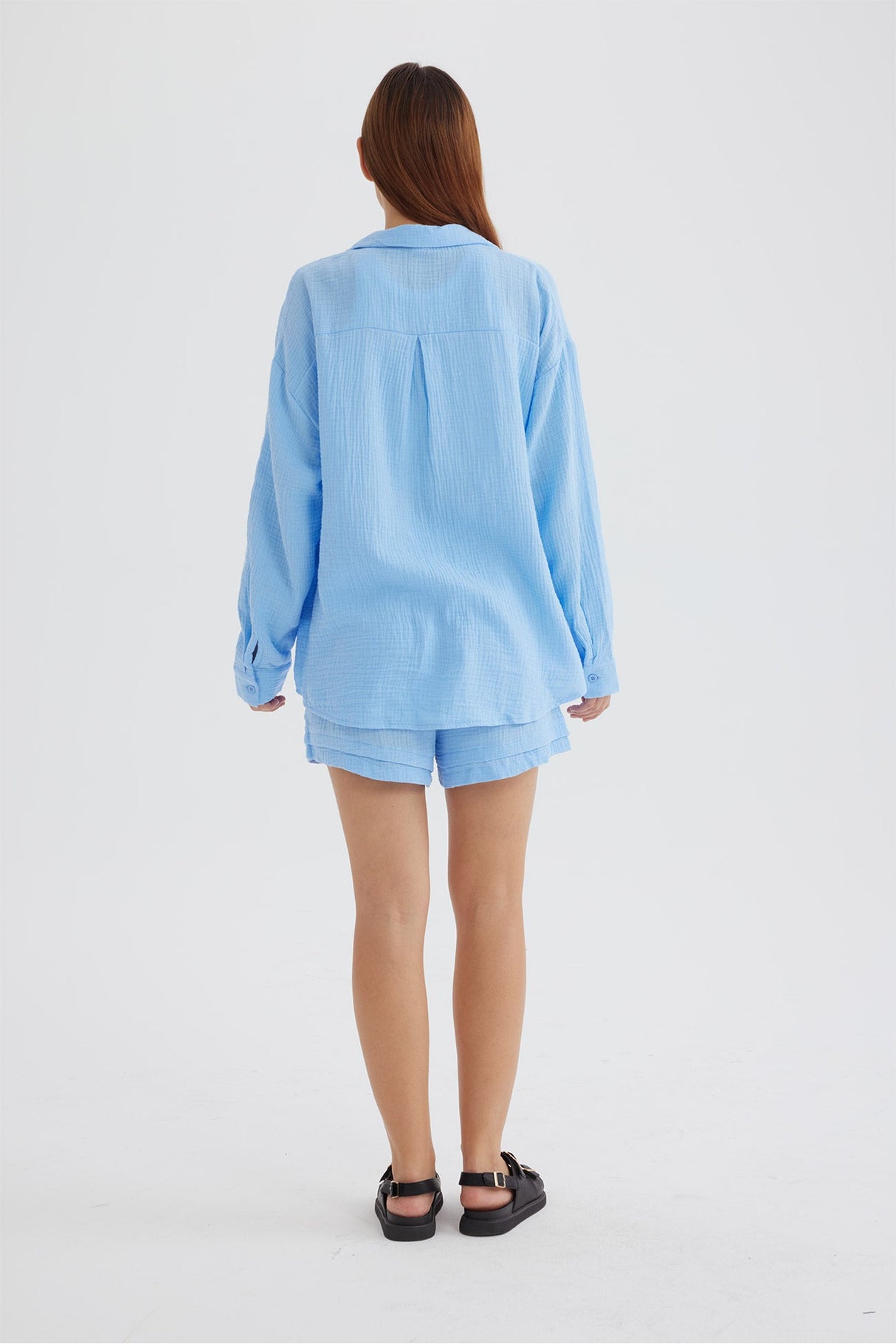 Arolora Long Sleeve Solid Color Shirt Shorts Set
