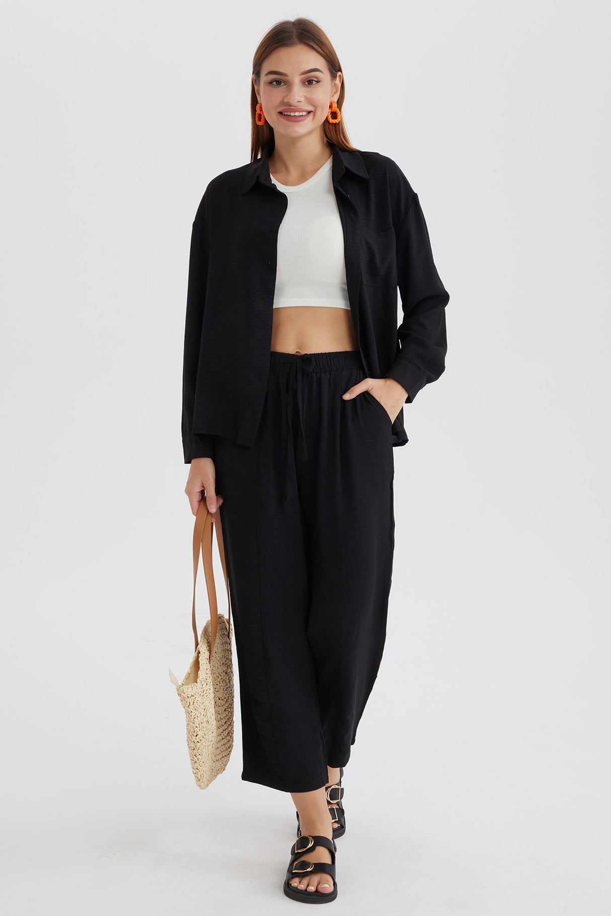 Long Sleeve Solid Color Shirt Long Pants Set