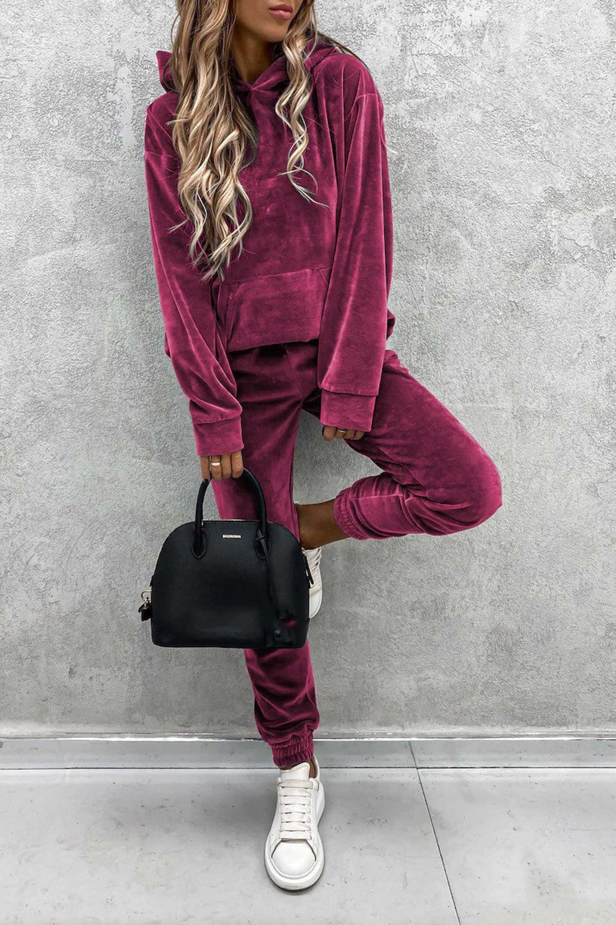 Velour Solid Color Hoodie Long Pants Set