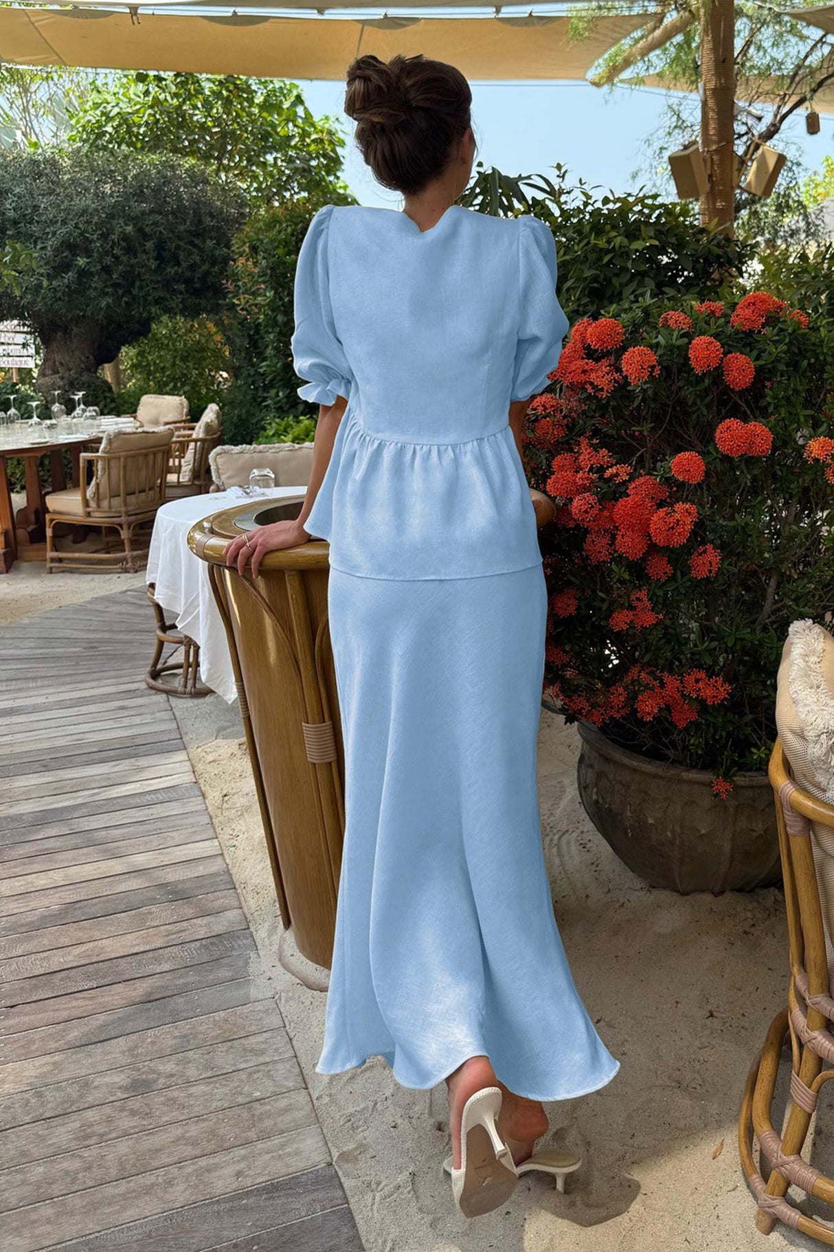 Puff Sleeve Tie-up Ruffle Cotton Shirt Skirt Set