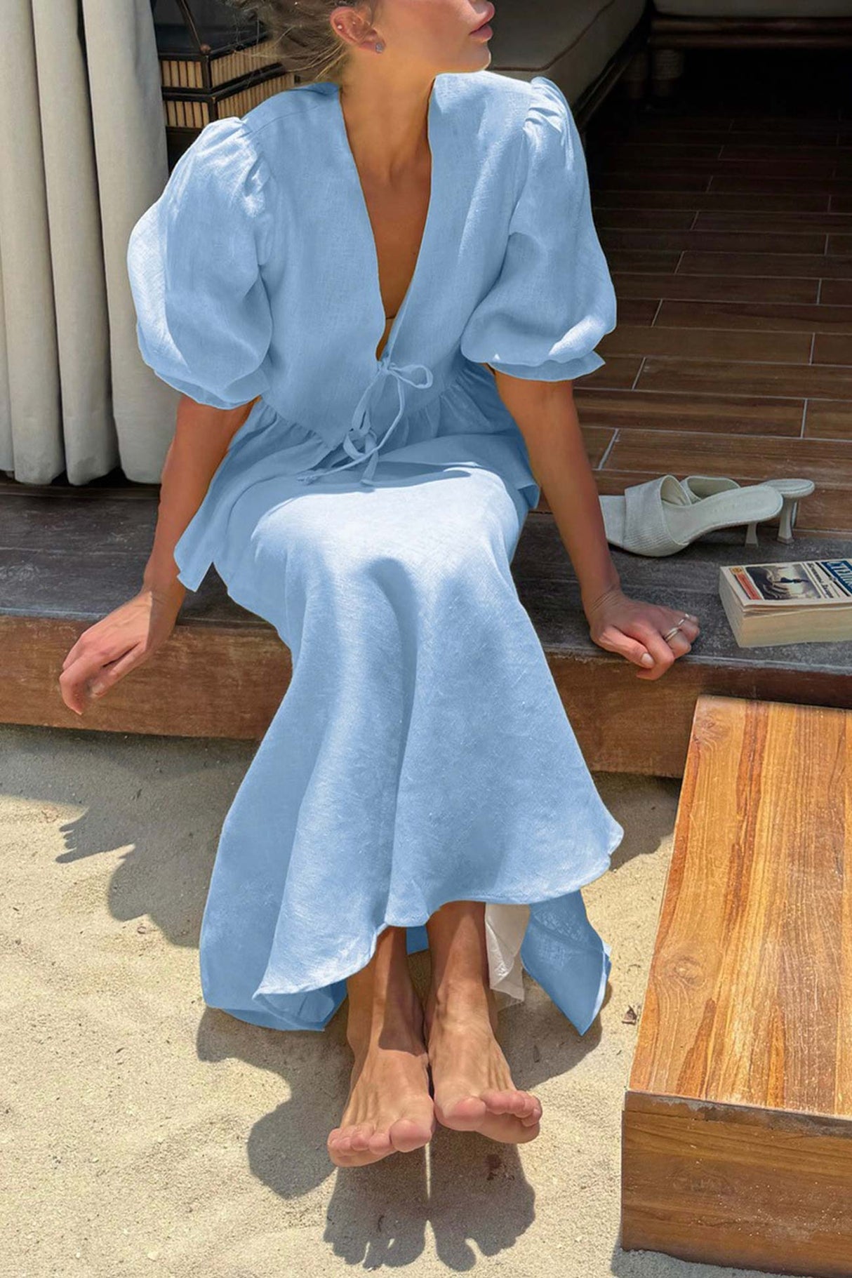 Puff Sleeve Tie-up Ruffle Cotton Shirt Skirt Set