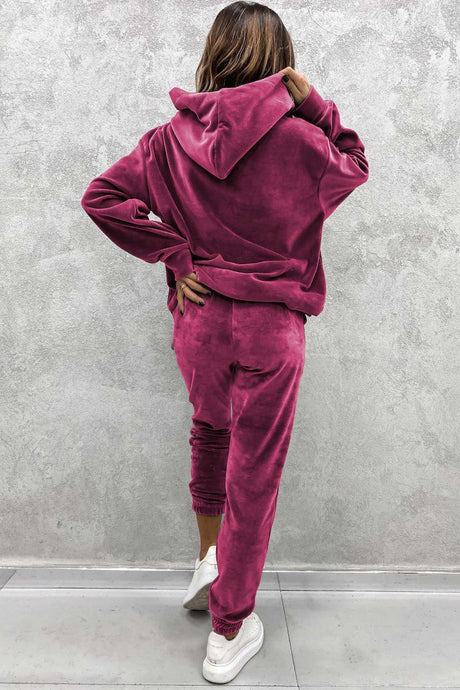 Velour Solid Color Hoodie Long Pants Set
