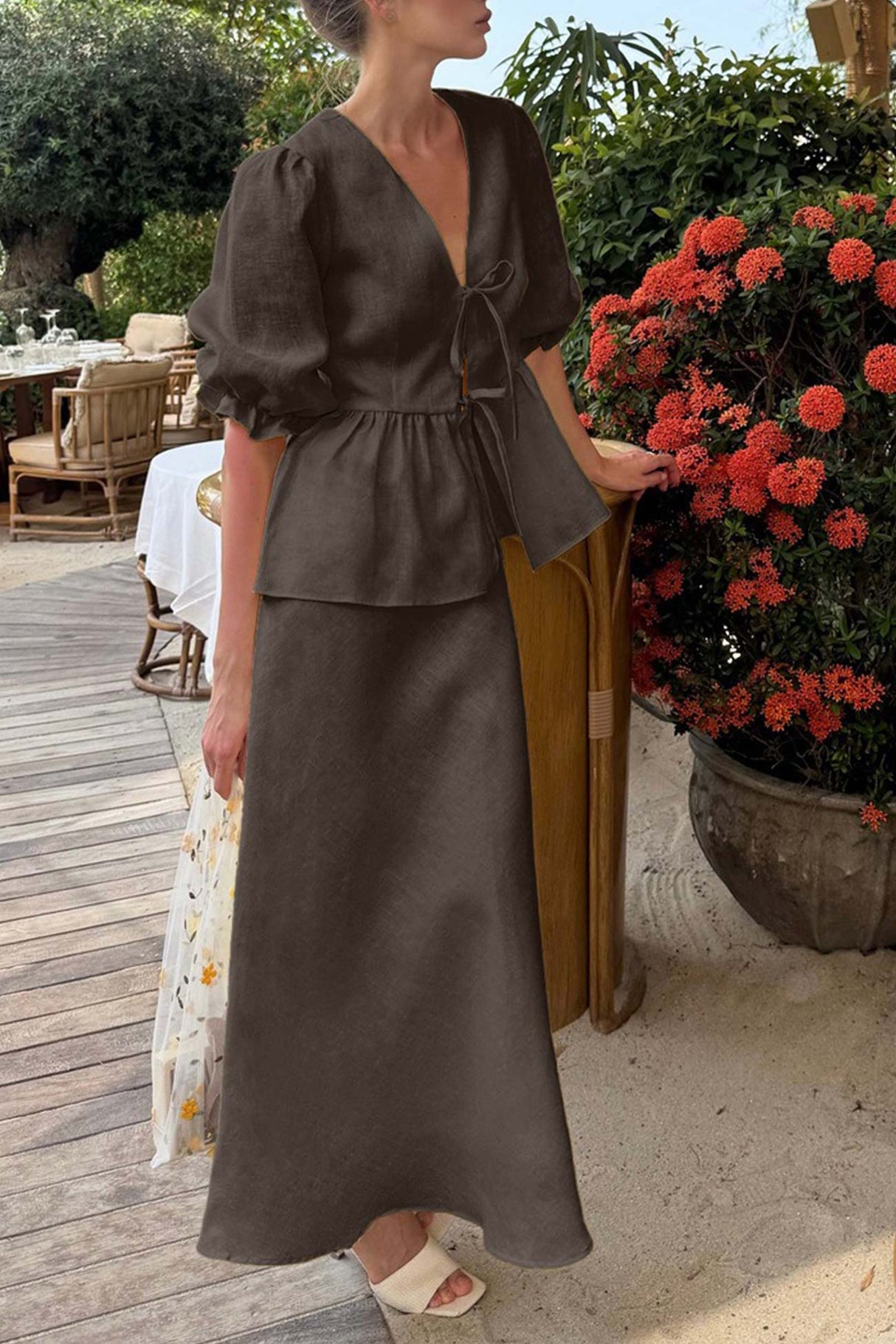 Puff Sleeve Tie-up Ruffle Cotton Shirt Skirt Set