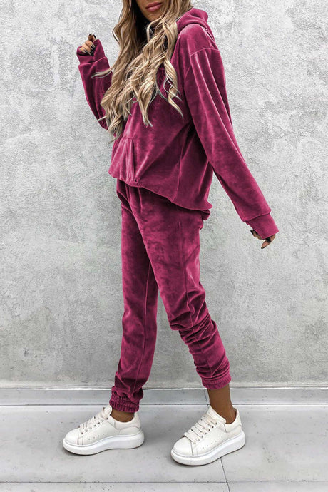 Velour Solid Color Hoodie Long Pants Set