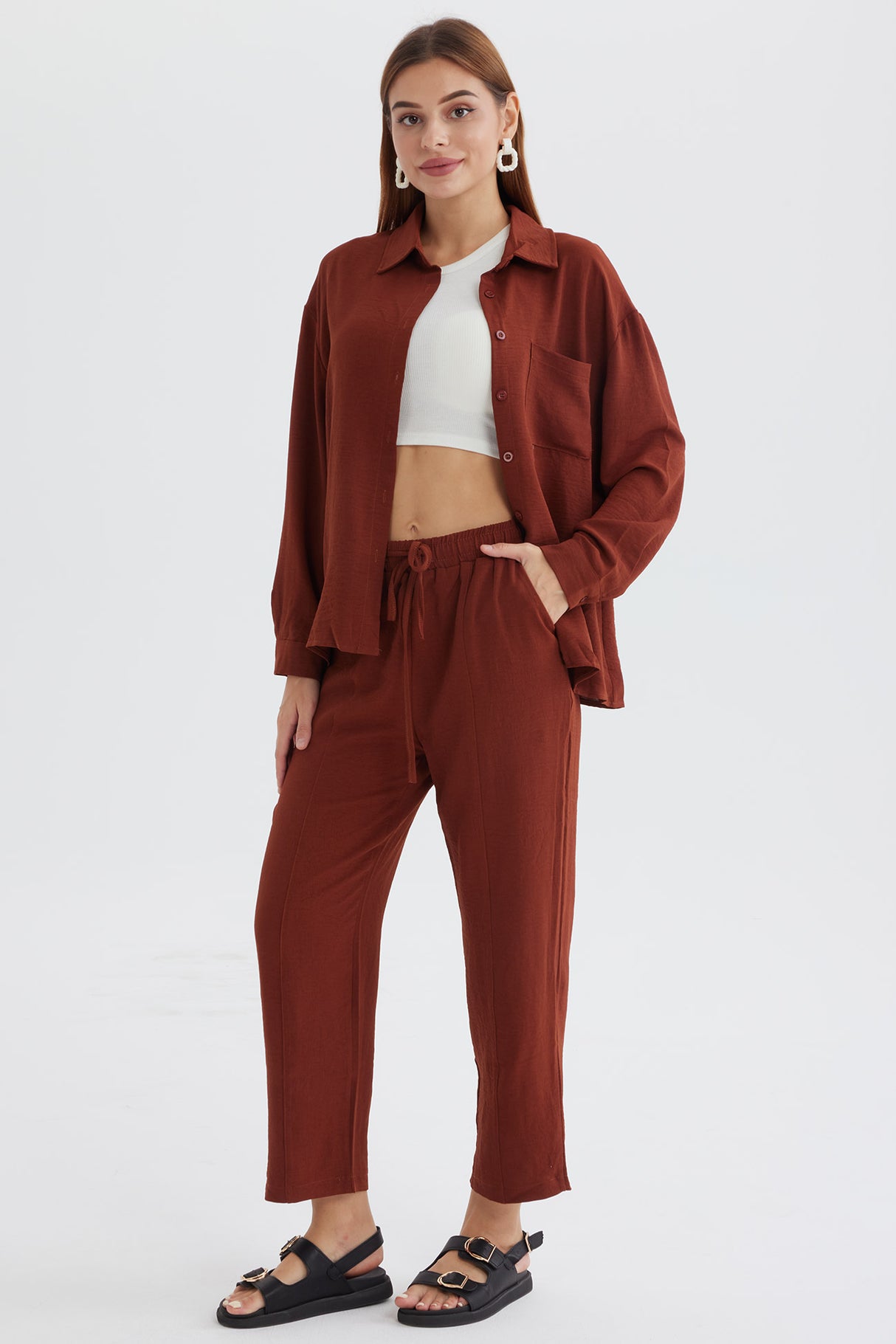 Long Sleeve Solid Color Shirt Long Pants Set