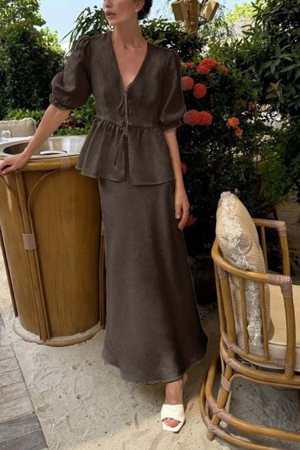 Puff Sleeve Tie-up Ruffle Cotton Shirt Skirt Set