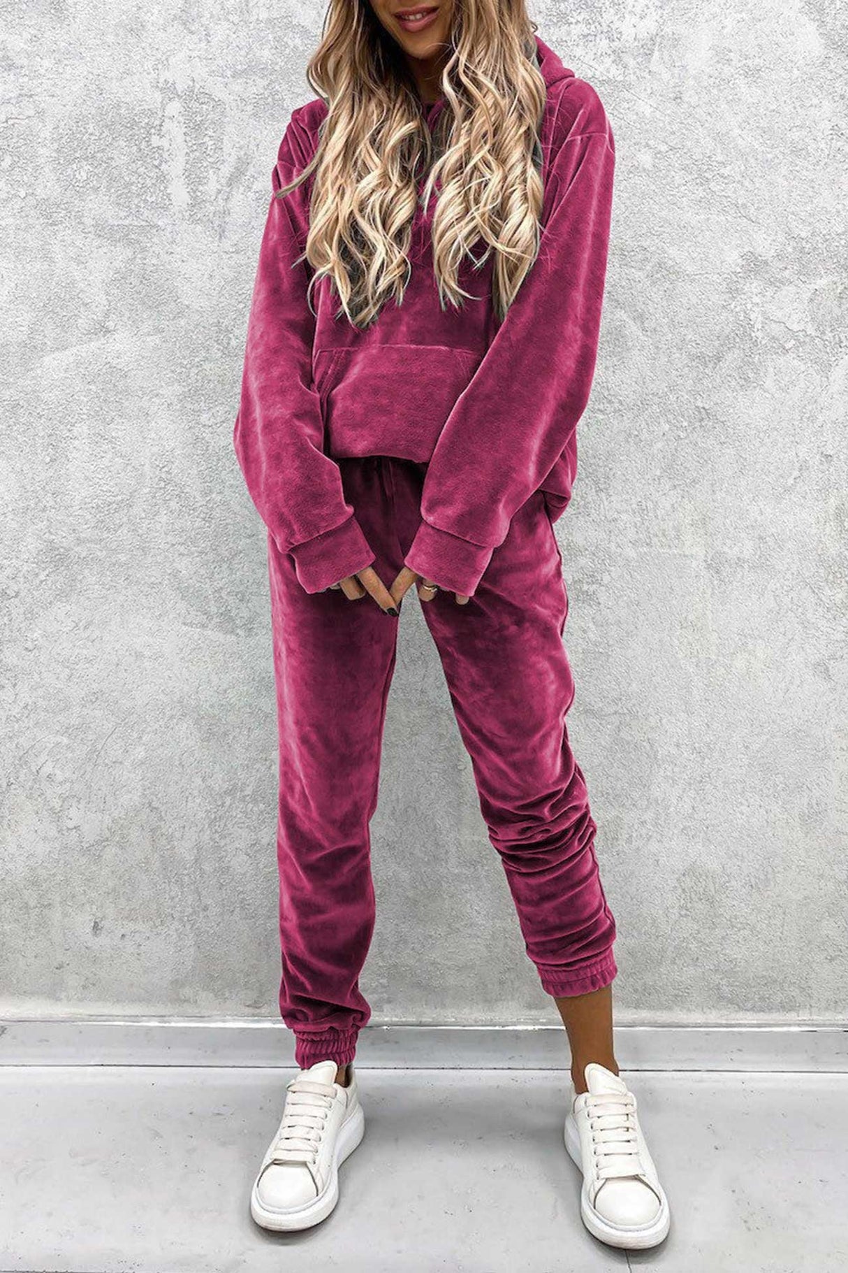 Velour Solid Color Hoodie Long Pants Set