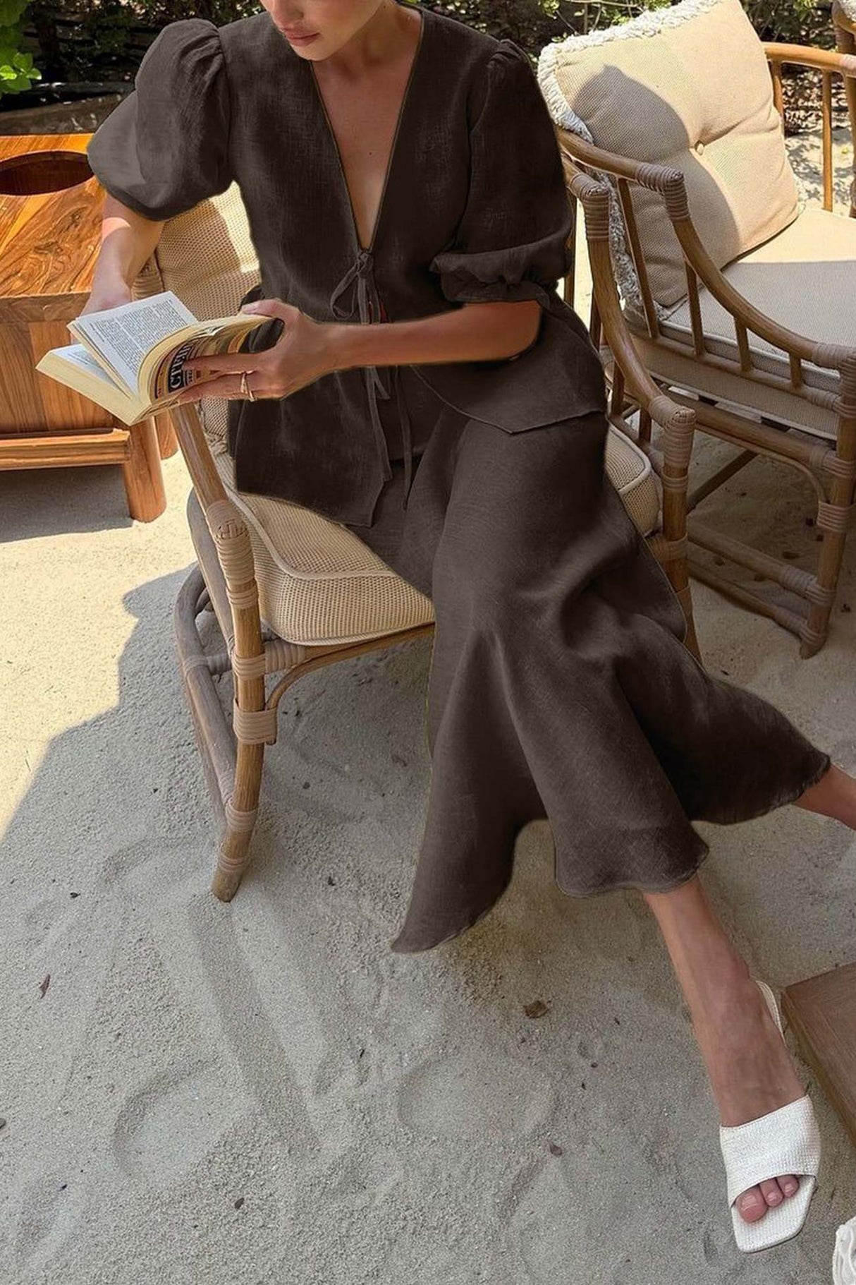 Puff Sleeve Tie-up Ruffle Cotton Shirt Skirt Set