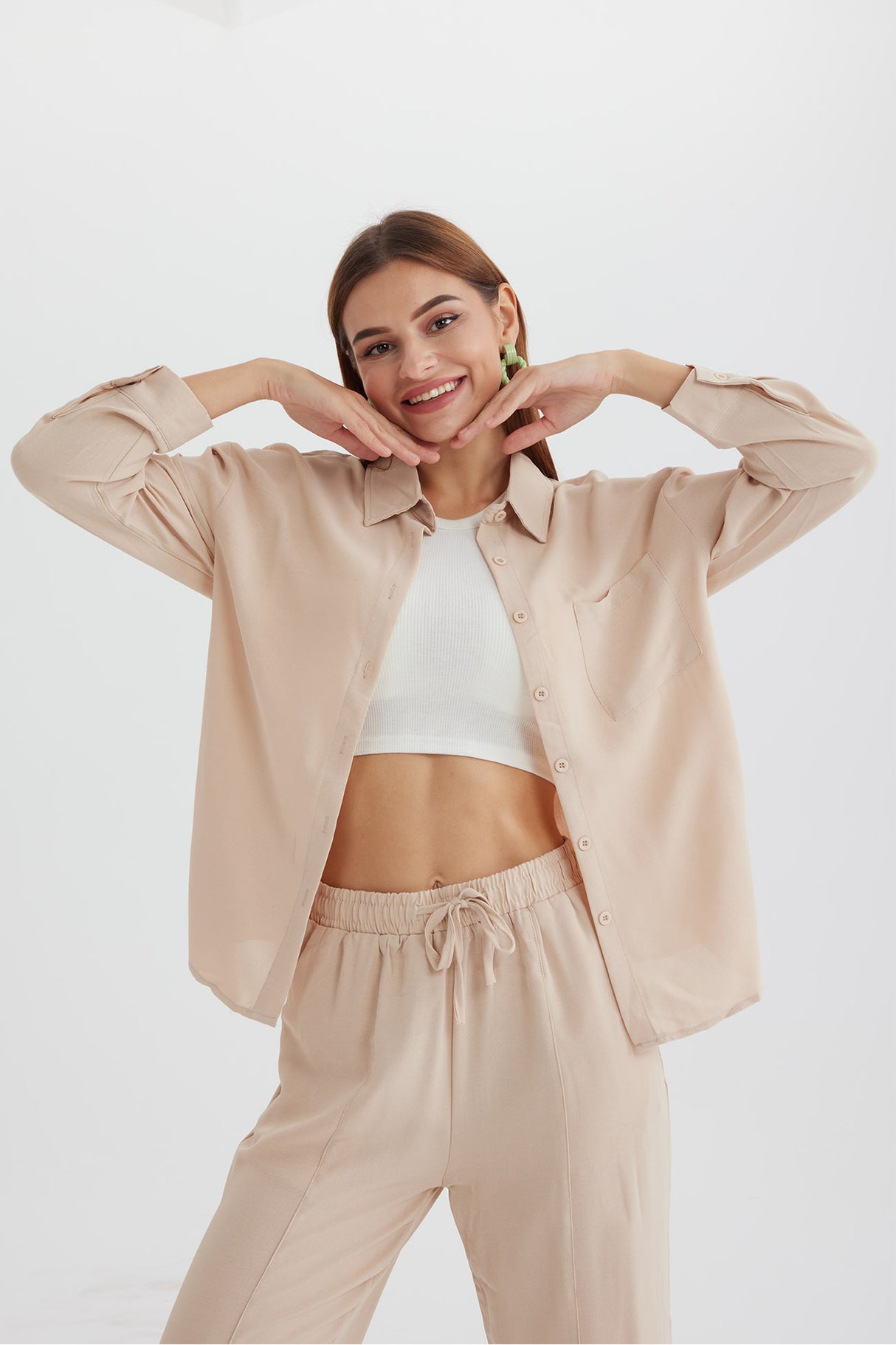 Long Sleeve Solid Color Shirt Long Pants Set