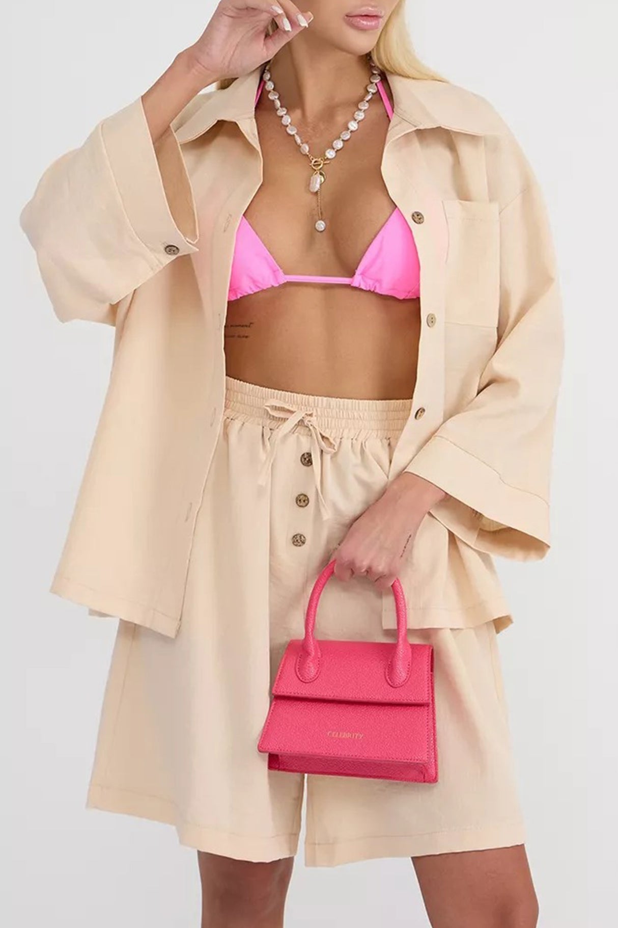 Solid Color Shirt Single-breasted Bermuda Shorts Set