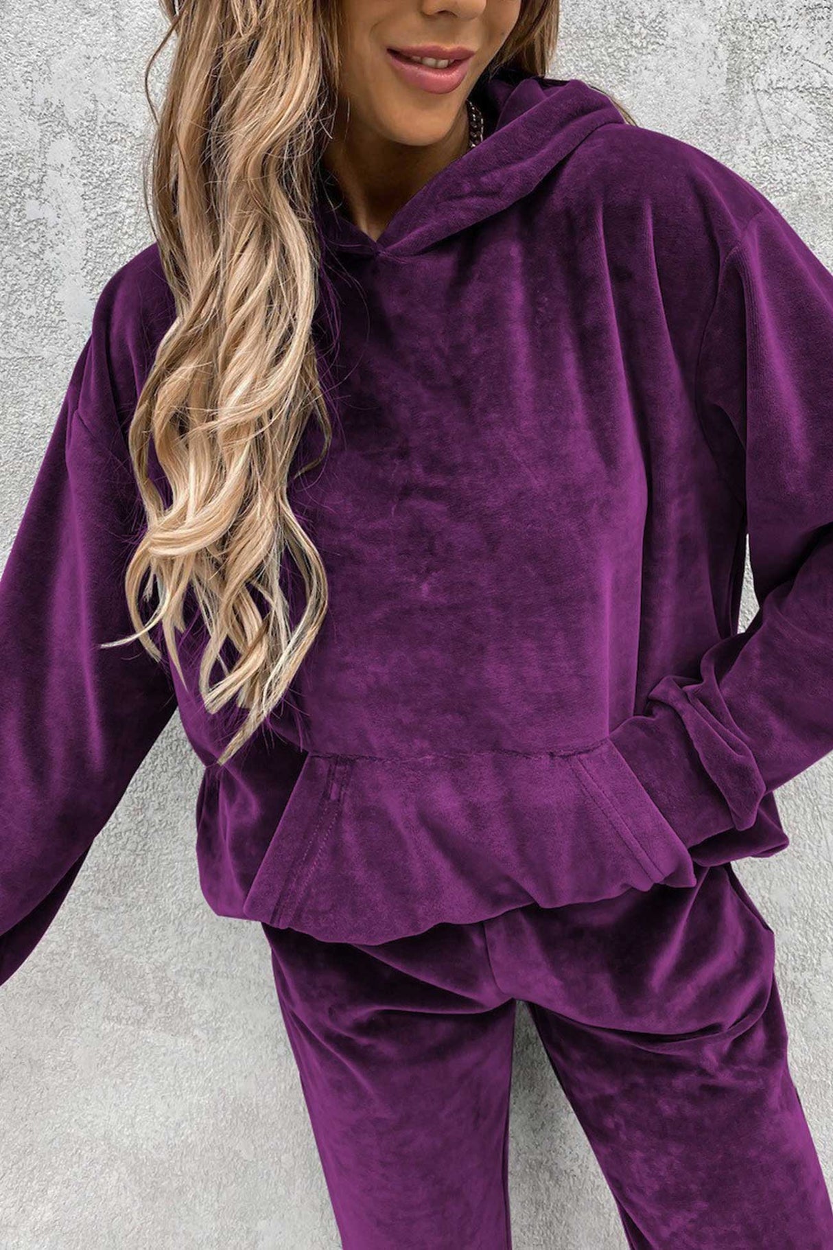 Velour Solid Color Hoodie Long Pants Set