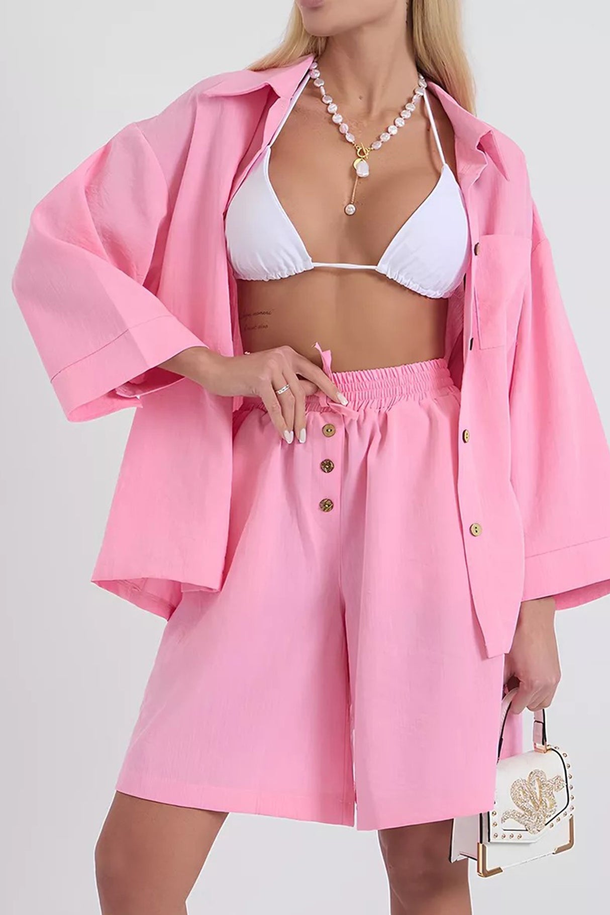 Solid Color Shirt Single-breasted Bermuda Shorts Set