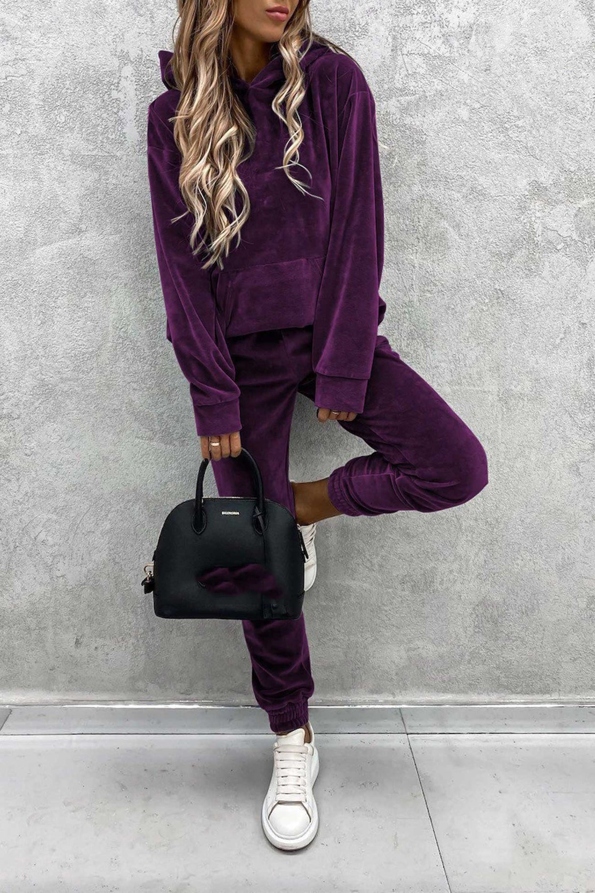 Velour Solid Color Hoodie Long Pants Set