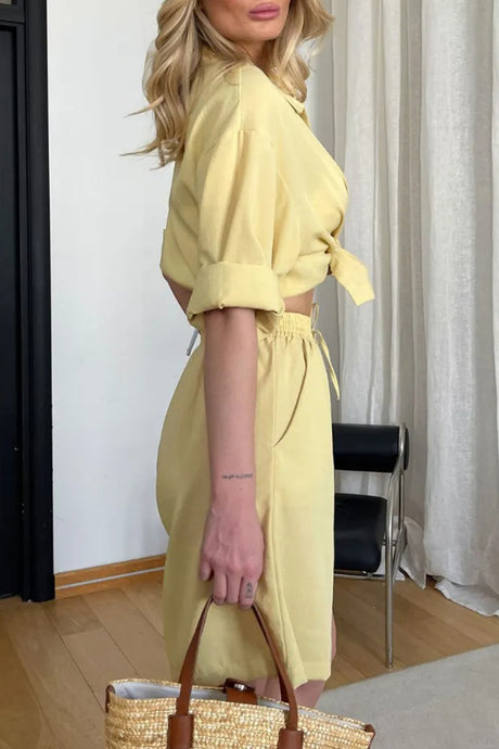 Solid Color Shirt Single-breasted Bermuda Shorts Set