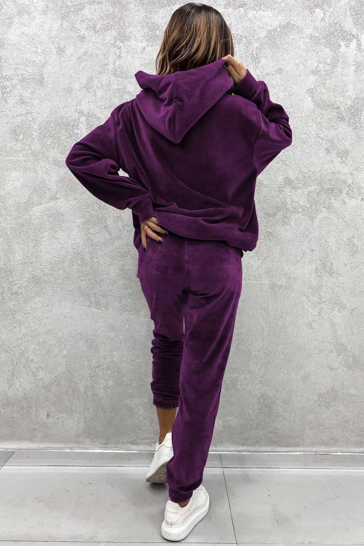 Velour Solid Color Hoodie Long Pants Set