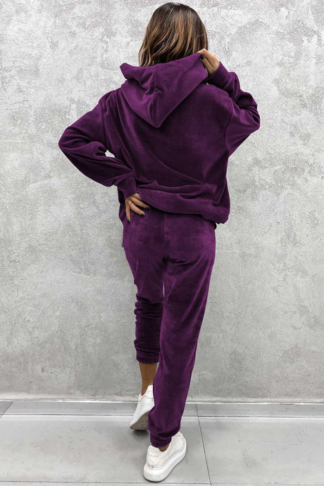 Velour Solid Color Hoodie Long Pants Set